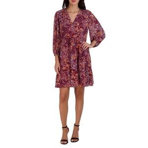 Sandra Darren Burgundy Floral Balloon Sleeve V-Neck Babydoll Mini Dress 12 NWT